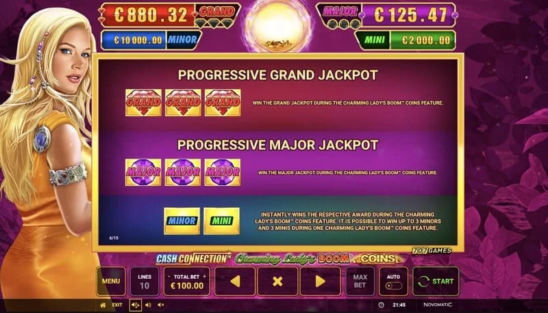 Cash Connection - Charming Lady's Boom Coins - tableau des jackpots Mini, Minor, Major et Grand